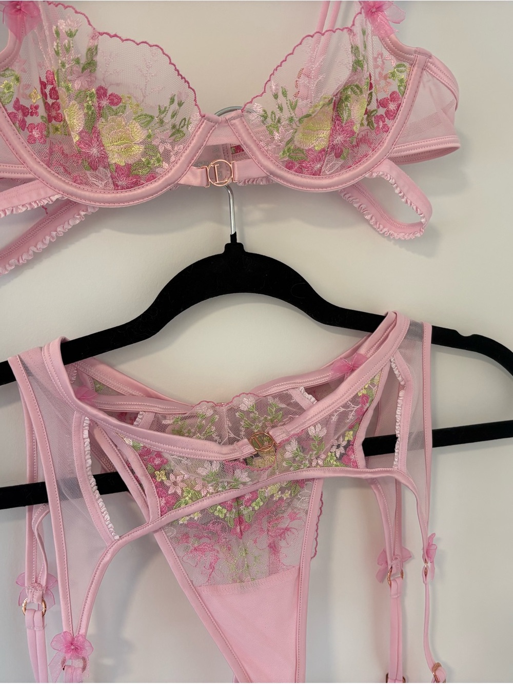 Floral Embroidered Sheer Pink Bra & Garter Set